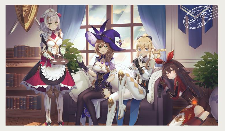 女孩子, Genshin Impact, koto, Amber, Noelle, 黑丝袜, 长筒靴