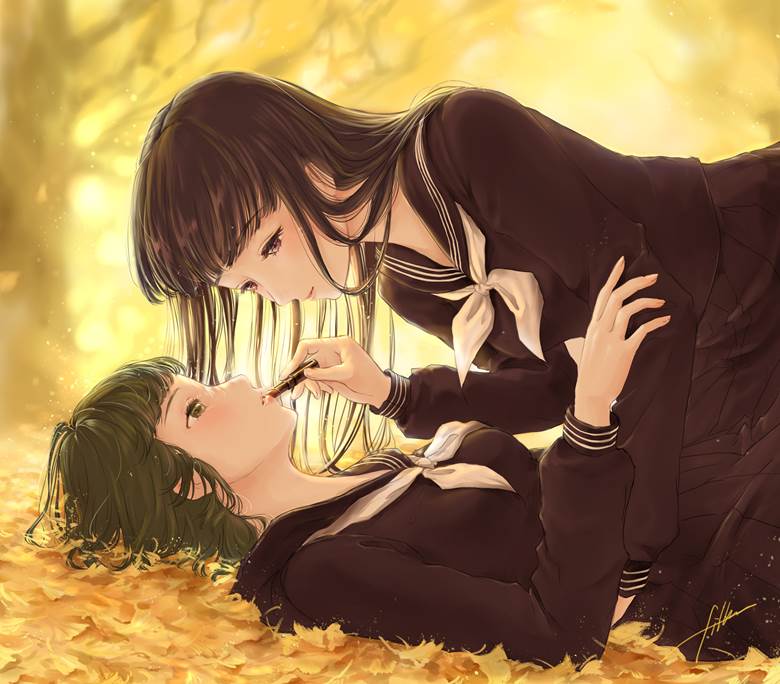 原创, yuri, 水手服, autumn leaves, ginkgo, 黑长直, 短发, 女孩子, 黑色水手服