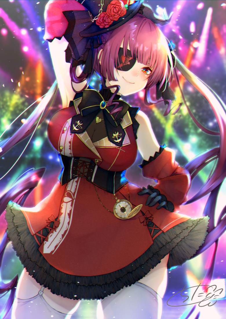 Houshou Marine, virtual YouTuber, Hololive, gothic lolita, garterbelt, armpits, eyepatch, pocket watch, Virtual YouTuber 1000+ bookmarks