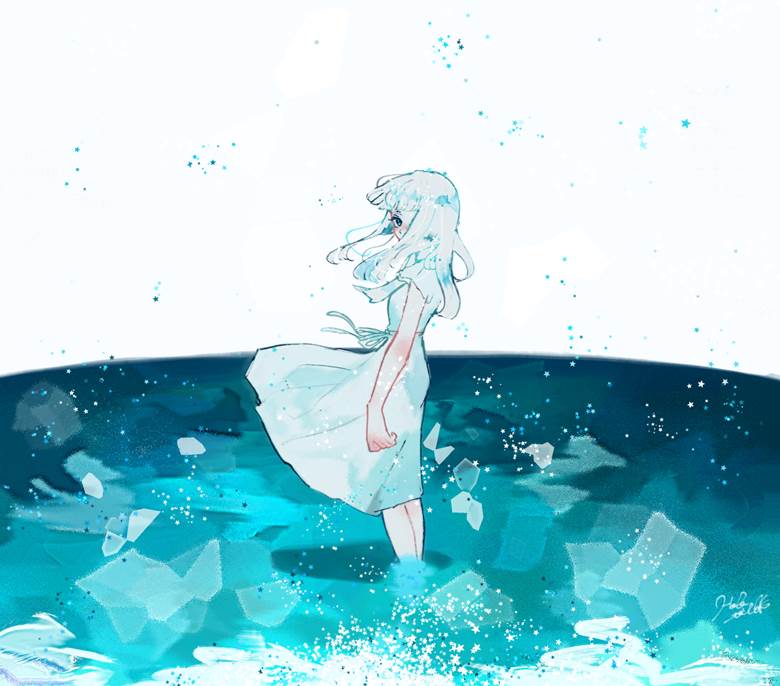 插画, 蓝, 原创, 白发, white, 女孩子, 白色连衣裙, feet in water, one eye covered