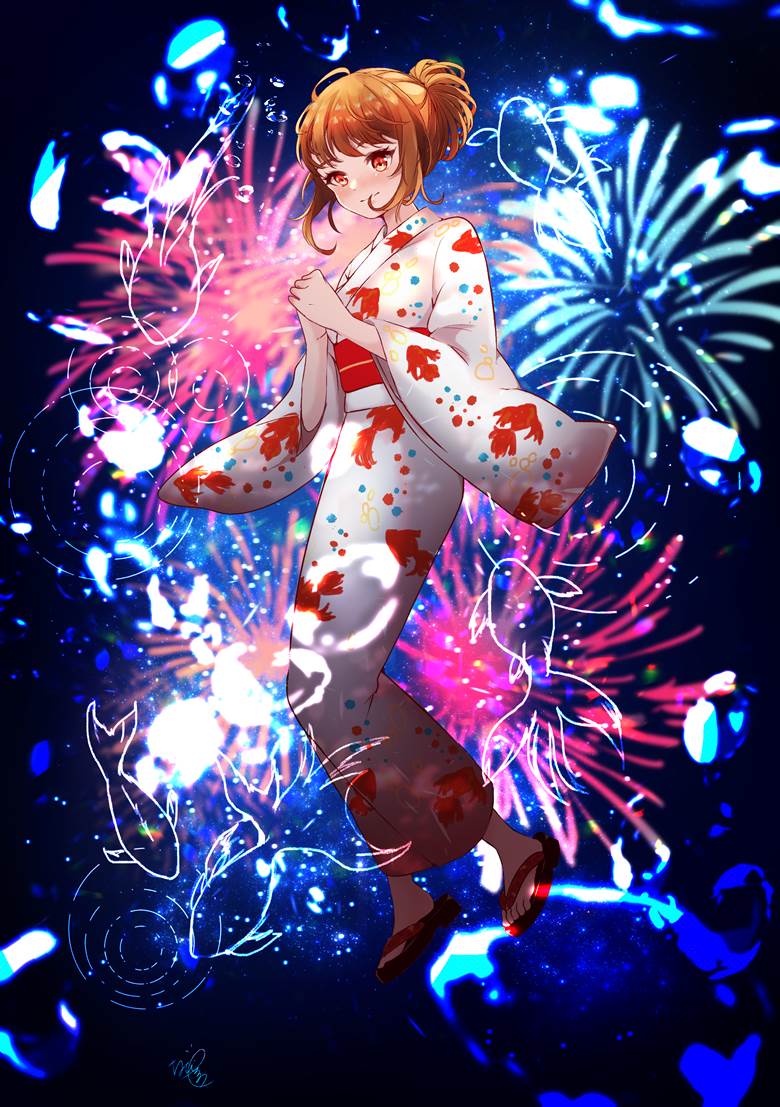 summer vacation, original, girl, young girl, yukata, summer, goldfish, fireworks, deep sea