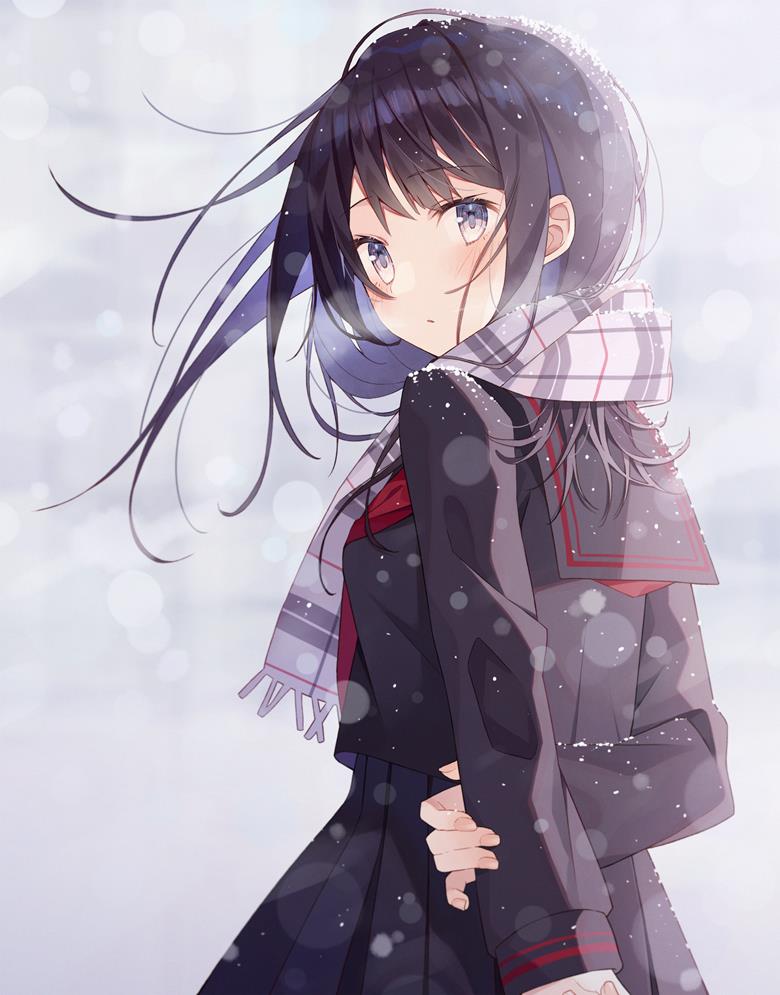 原创, 女孩子, uniform, 水手服, snow, 围巾, hands behind back, 回眸, 披散头发, 原创10000users加入书籤