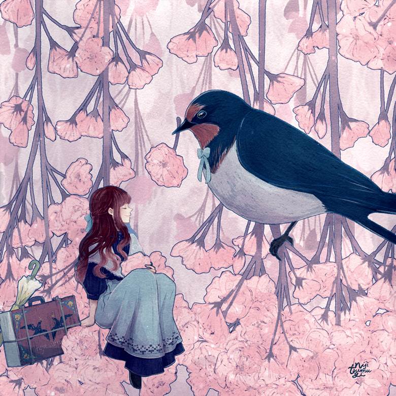おやゆび姫とつばめ 雨 Nijitsumugi的小鸟动物插画图片 Bobopic