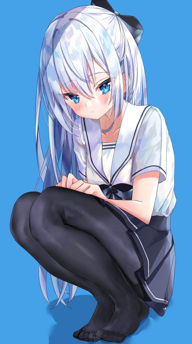 girl, young girl, white hair, long white hair, uniform, sailor uniform, tight, black tights, original, The soles of feet in socks