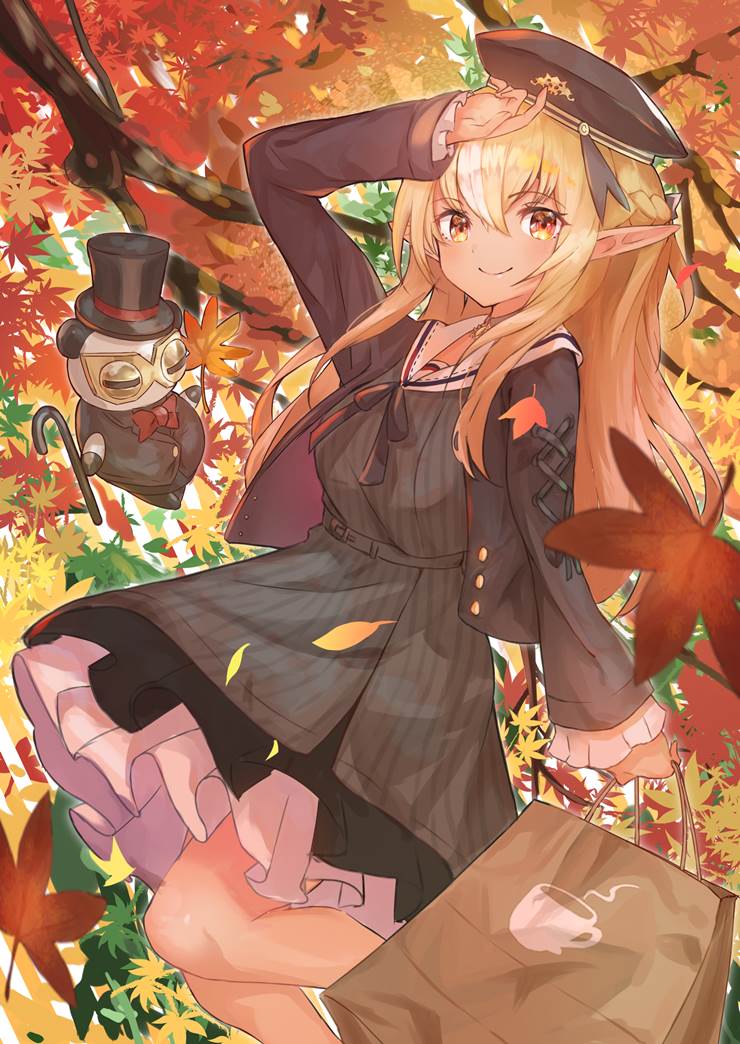 autumn leaves, autumn, Hololive, Flare Shiranui, 虚拟主播, 精灵, 褐色皮肤, Virtual YouTuber 1000+ bookmarks