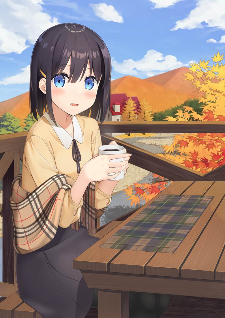 秋色の山荘でコーヒーを饮むなどするのにあこがれる|アポロ的秋天美景插画图片