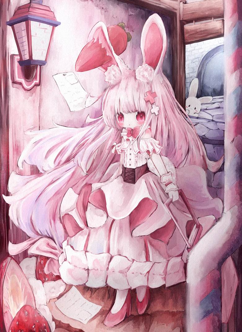 original, girl, rabbit, creation, young girl, sweets, bunny ears, strawberry, Original 300+ bookmarks