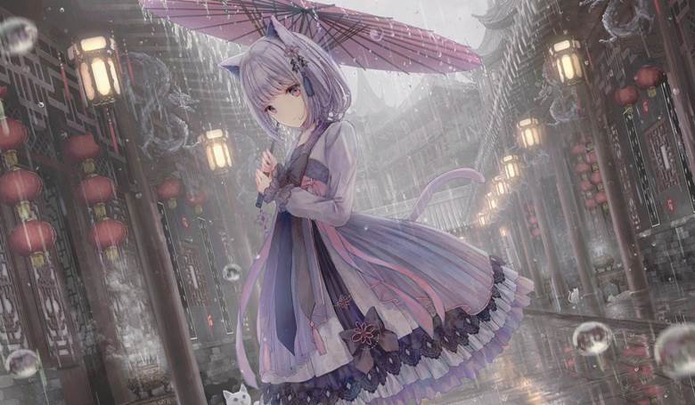 original, girl, cat, Chinese lolita, rain, original 10000+ bookmarks