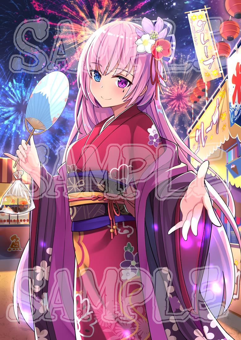 商业绘图, 女孩子, beautiful girl, 焰火, kimono, summer festival, 金鱼, 异色瞳, 粉色头发