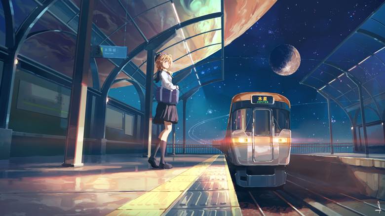 原创, 女孩子, background, universe, 火车站, 铁路, planet, Jupiter, railway platform, platform