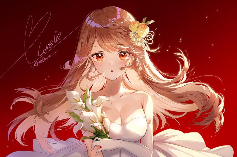 original, girl, illustration, long gloves, cleavage, inner color, long blond hair, wedding dress, strapless, original 5000+ bookmarks