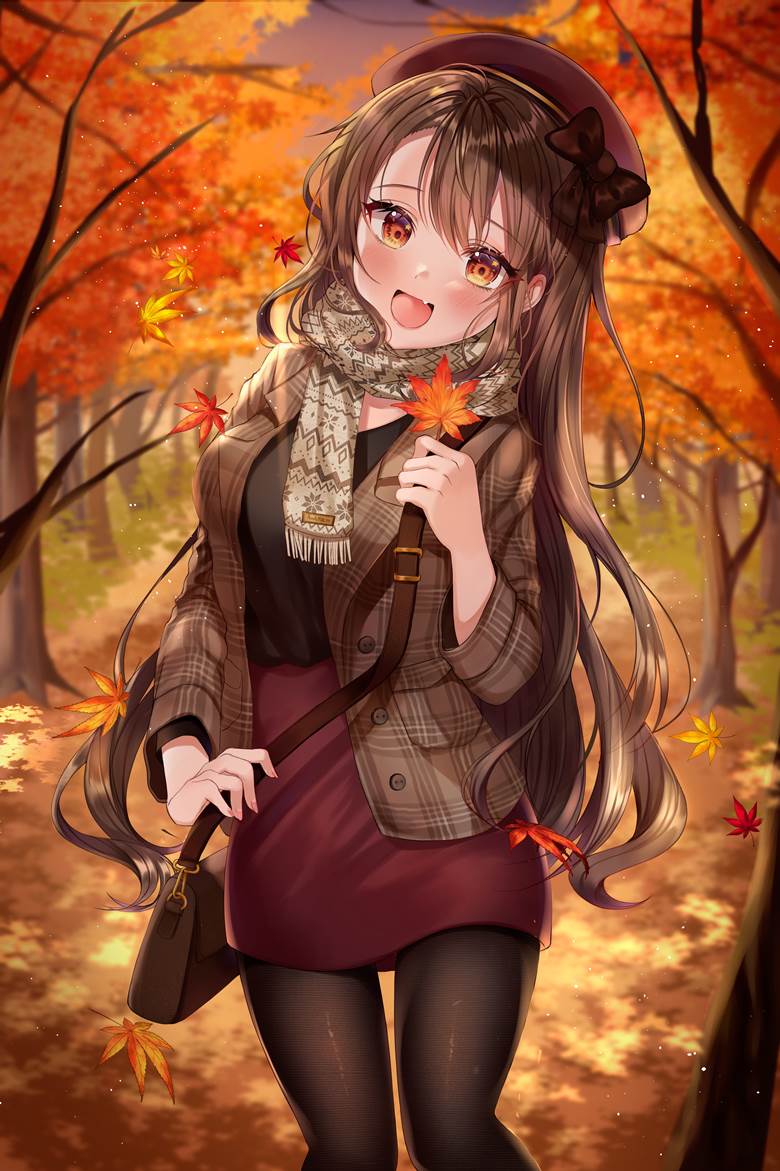 autumn, original, girl, illustration, autumn leaves, young girl, black tights, small fangs