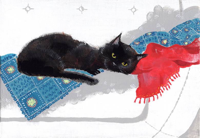 黒猫ソファー|マキバドリ的黑猫动物插画图片