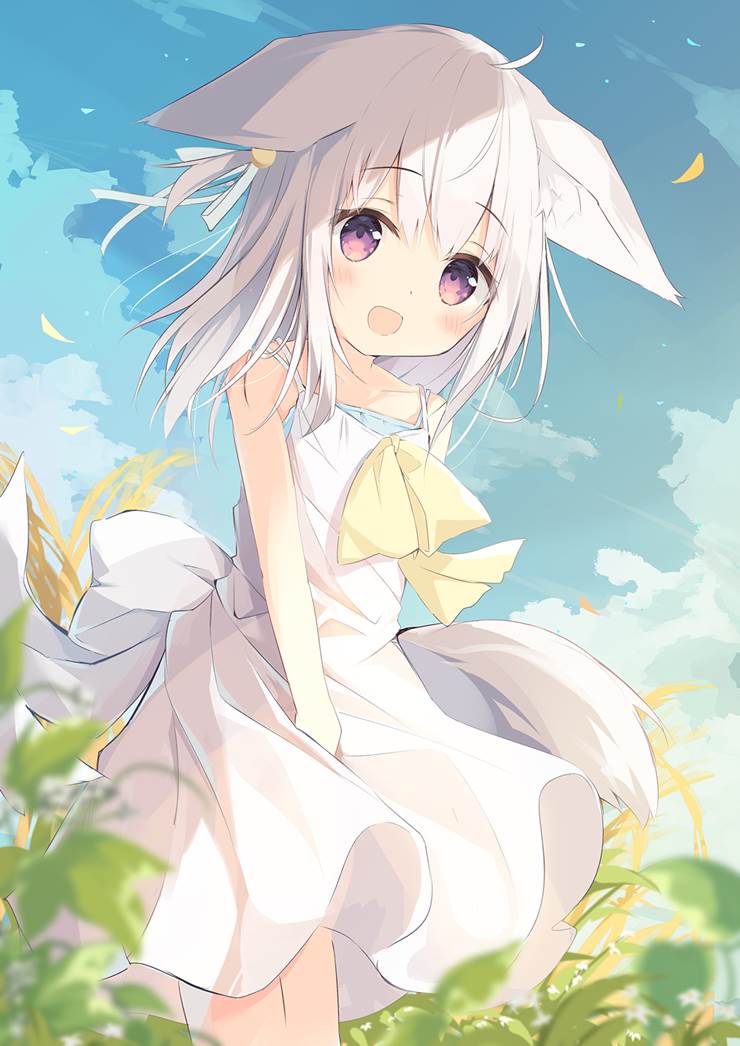 兽耳, white dress, arctic fox, camisole dress, pressing skirt down, purple eyes, 原创3000收藏, fox ears