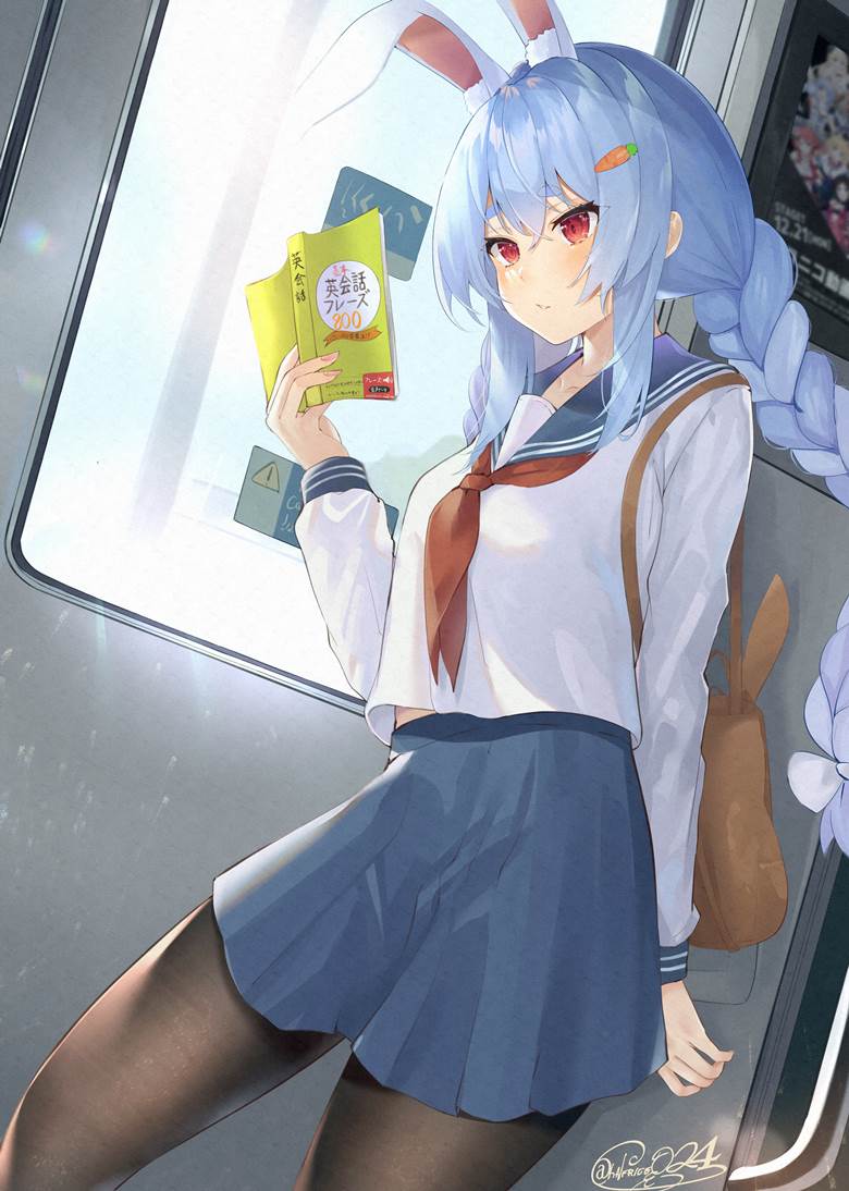 Usada Pekora, Hololive, black stockings, virtual youtuber, uniform, bunny ears, Virtual YouTuber 1000+ bookmarks