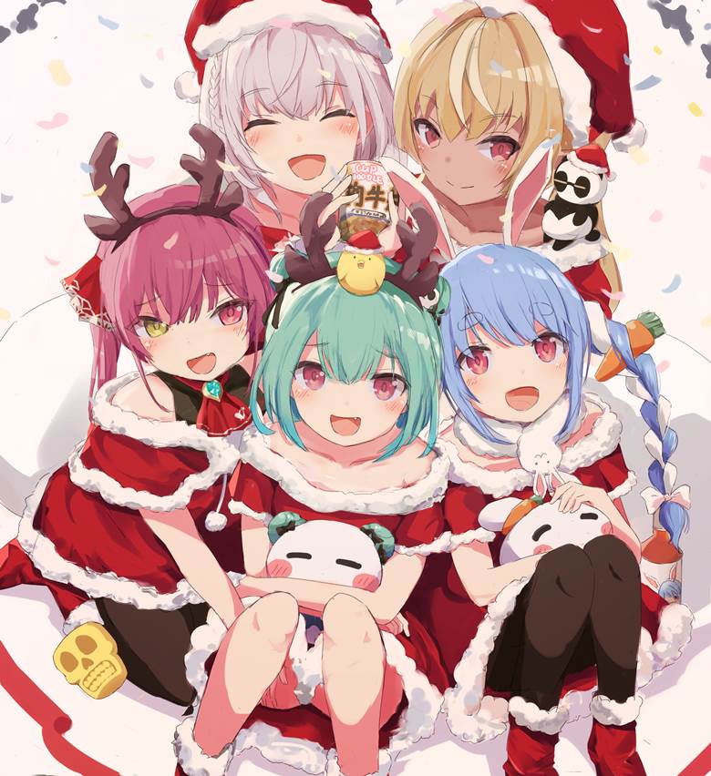 Hololive, 虚拟youtuber, Houshou Marine, Usada Pekora, 润羽露西娅, 白银诺艾尔, Flare Shiranui, 圣诞节, group picture