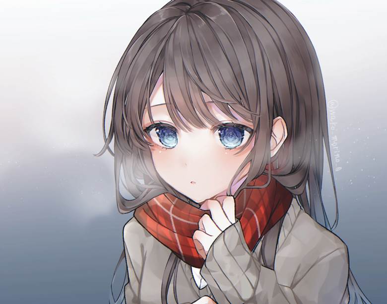 原创, 原创, 女孩子, 围巾, blue eyes, checkered scarf