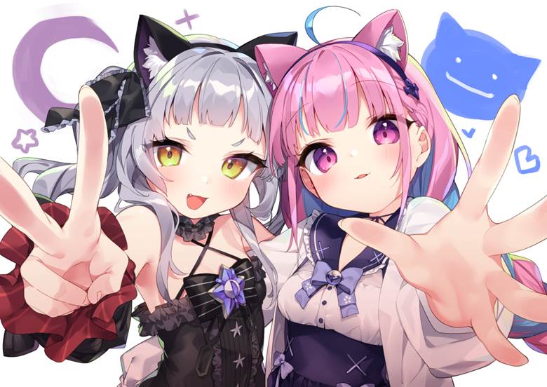 Minato Aqua, Shion Murasaki, Hololive, virtual youtuber, cat ears, Aqua/Shion, gothic lolita, armpits