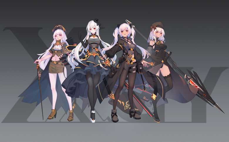 young girl, thighs, black stockings, White silk pantyhose, character visual, White Hair, group picture