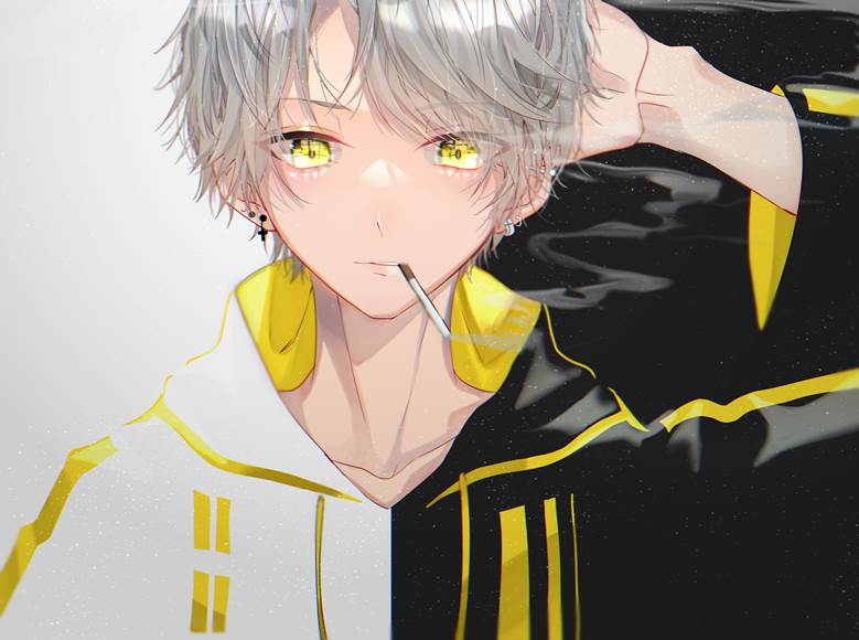 原创, 原创, 男孩子, 白发, 香烟, 穿洞, 连帽衫, collarbone