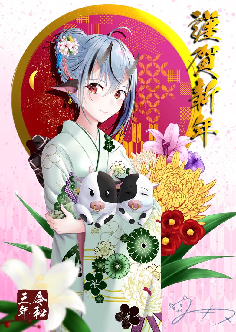 原创, 女孩子, 白发, furisode, 贺年卡, happy New Year, 和服, horned girl