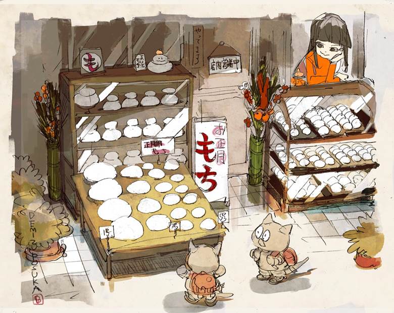糯米饼店|插画师ポ～ン（出水ぽすか）的卖东西的商店插画图片