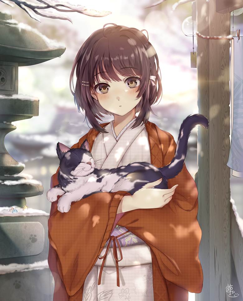 原创, young girl, 女孩子, 和服, cat, snow, shinto shrine, cat and girl