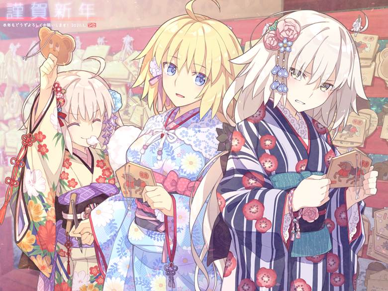 贺年卡, 贞德(Fate), 贞德·Alter·Santa·Lily, 黑贞德, 和服, wearing a kimono, Jeanne sisters, Fate/GO500users加入书籤