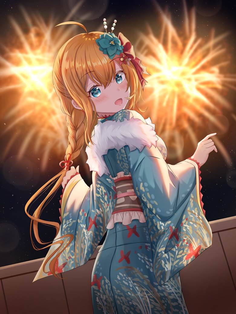 Princess Connect! Re:Dive, Pecorine, kimono, happy new year, Princess Connect! Re:Dive, fireworks, yukata