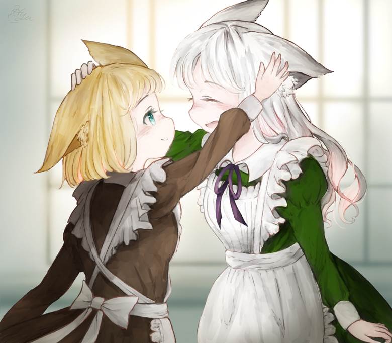 inner color, cat ears, 白发, 女仆装, 兽娘, 兽耳, patting, yuri, 猫耳女仆, string ribbon