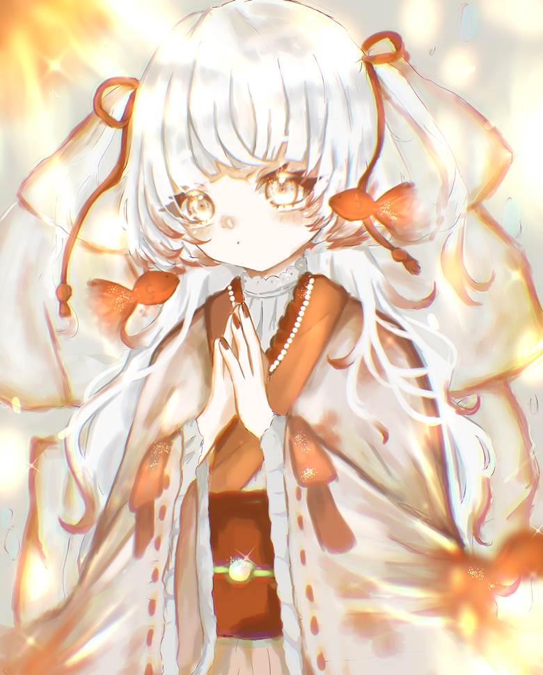 女孩子, 原创, 和服, 金鱼, 白发, 原创