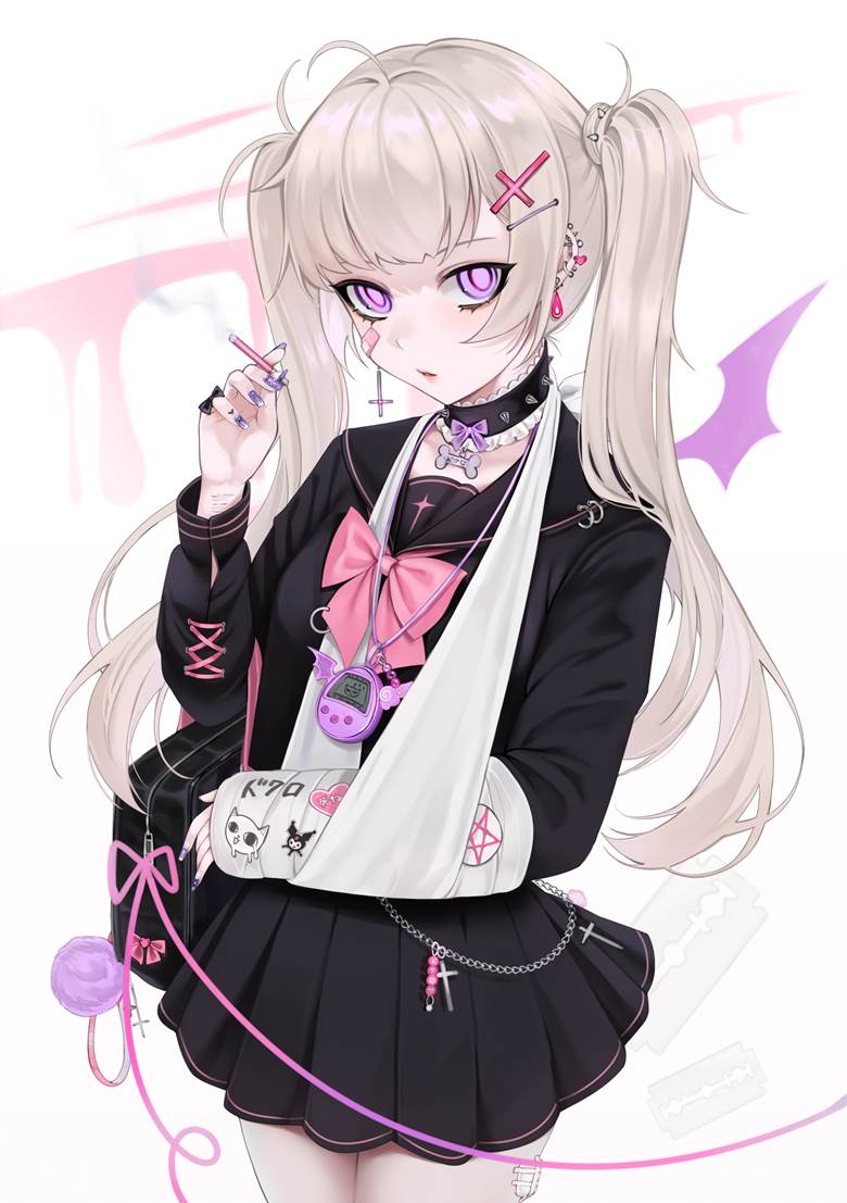 女孩子, 原创, smoking, 穿洞, 黑色水手服, 香烟, 美甲