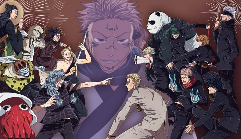 Jujutsu Kaisen, Yuji Itadori, Megumi Fushiguro, Nobara Kugisaki, Satoru Gojo, Suguru Geto, Kento Nanami, Toge Inumaki, Maki Zenin, Sukuna