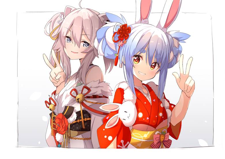 Hololive, Usada Pekora, 狮白牡丹, 虚拟youtuber, 兽耳, 和服, bunny ears, Virtual YouTuber 1000+ bookmarks