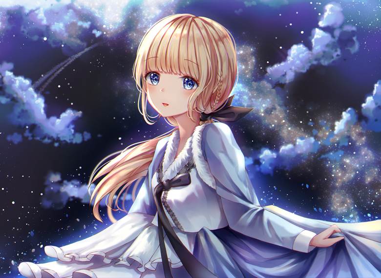 女孩子, young girl, night sky, hanbok, Alice In Wonderland, chima jeogori, curtsy