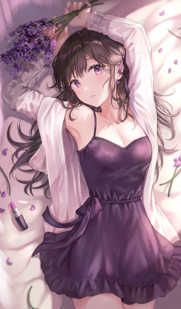 原创, 女孩子, lavender, lipstick, 仰卧, camisole dress, 美甲, 向上看, 腋下, 原创50000收藏