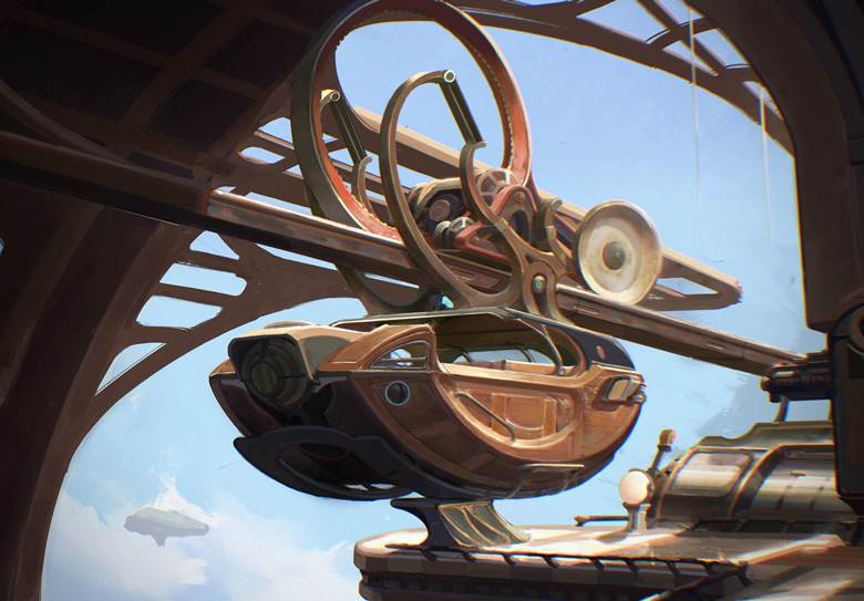 steampunk, impasto, scenery, drawing on board