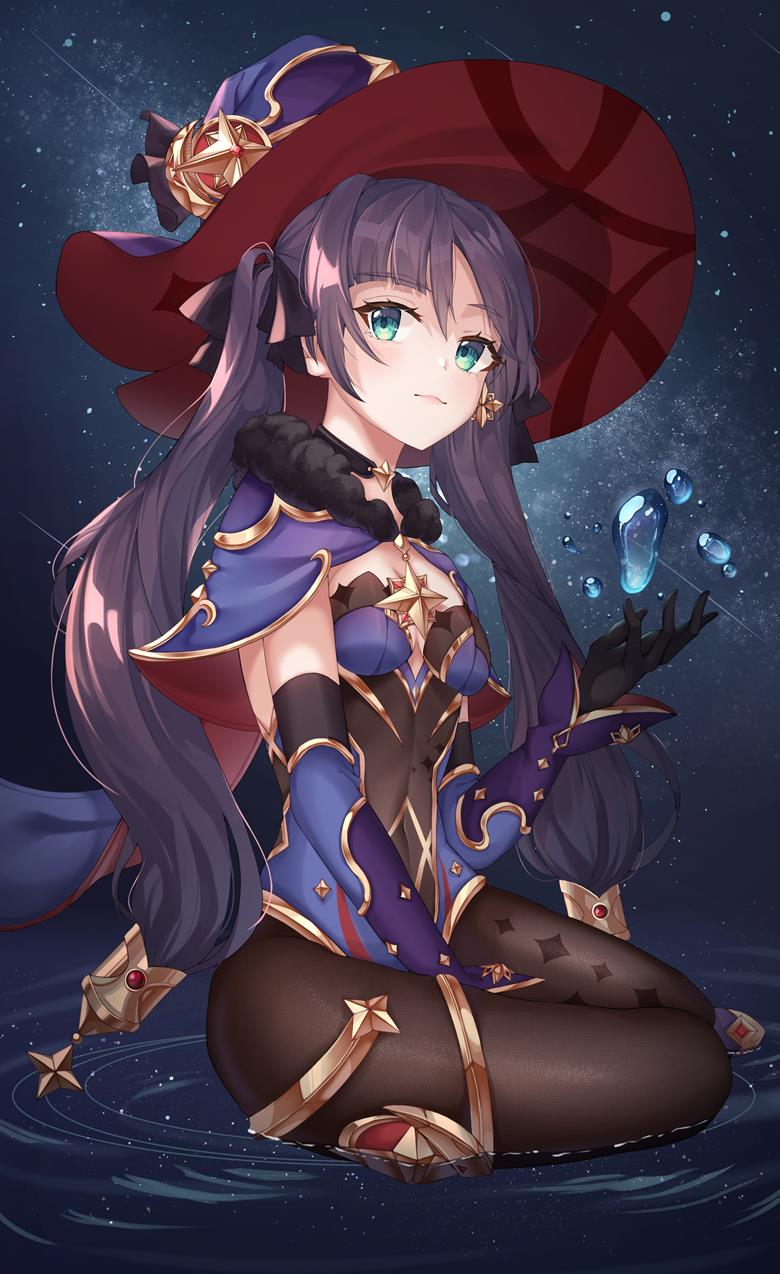 女孩子, Genshin Impact, Mona, Mona, beautiful girl, 插画, 黑丝袜, water surface