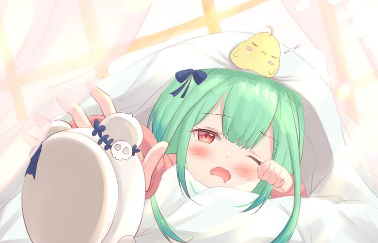 寝起きるしあぽち的起床美少女插画图片