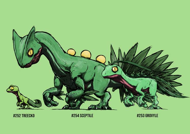 Treecko, Grovyle, Sceptile|插画师blacknirrow的蜥蜴王插画图片