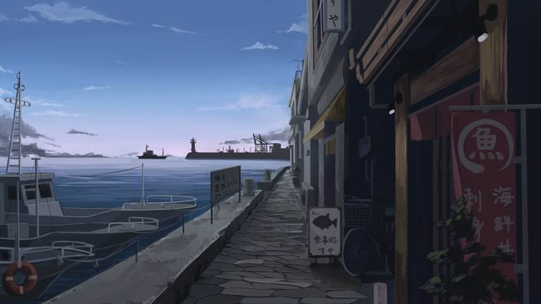 朝の港町|まじゅ的Pixiv风景壁纸插画图片