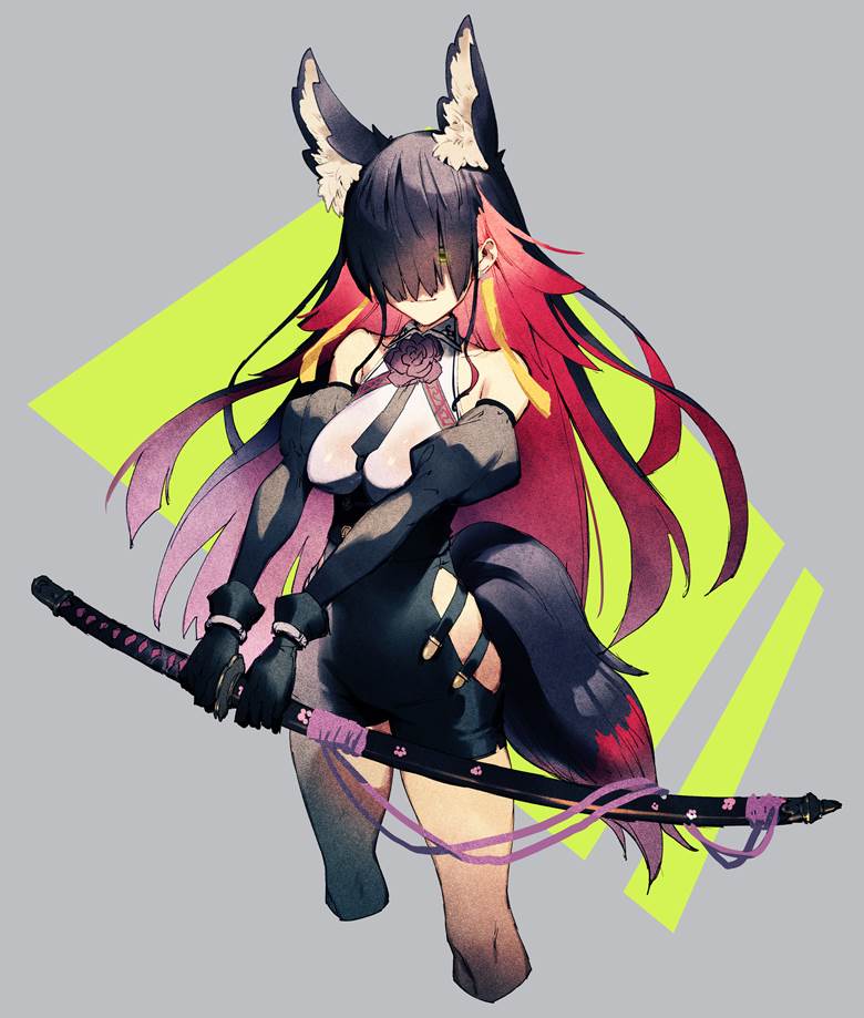 女孩子, fox ears, 刘海遮眼, Japanese sword, girl with sword, 原创3000收藏, humanoid