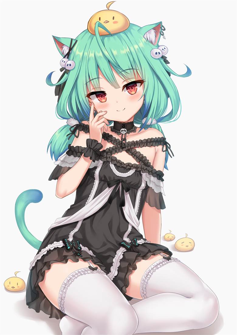 Rushia Uruha, Hololive, virtual youtuber, Uruha Rushia fanart, cat ears, bewitching thighs, garterbelt, Virtual YouTuber 10000+ bookmarks