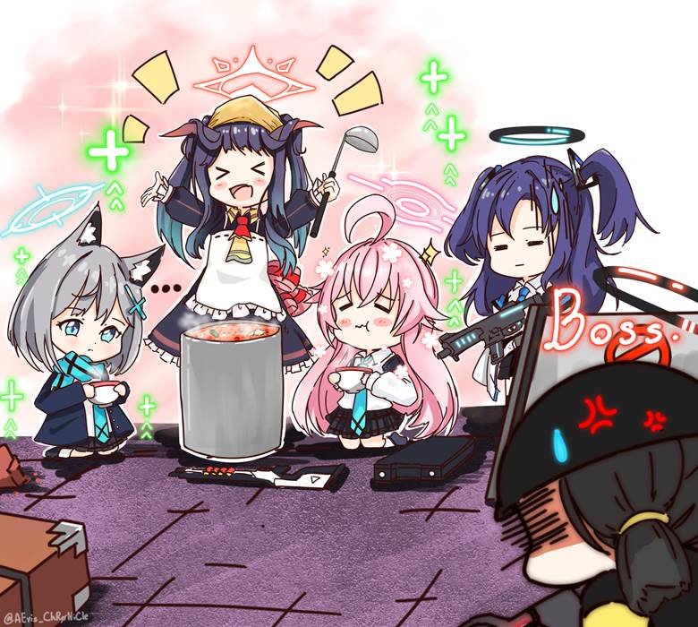 碧蓝档案, Q版, Aikiyou Fuuka, Takanashi Hoshino, Sunaookami Shiroko, Hayase Yuuka, meal