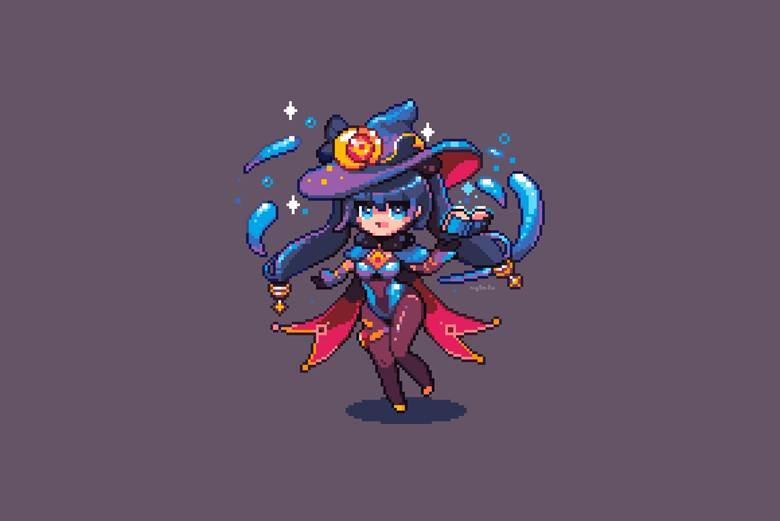 Genshin Impact, Mona, black stockings, young girl, 女孩子, 点阵图, Q版