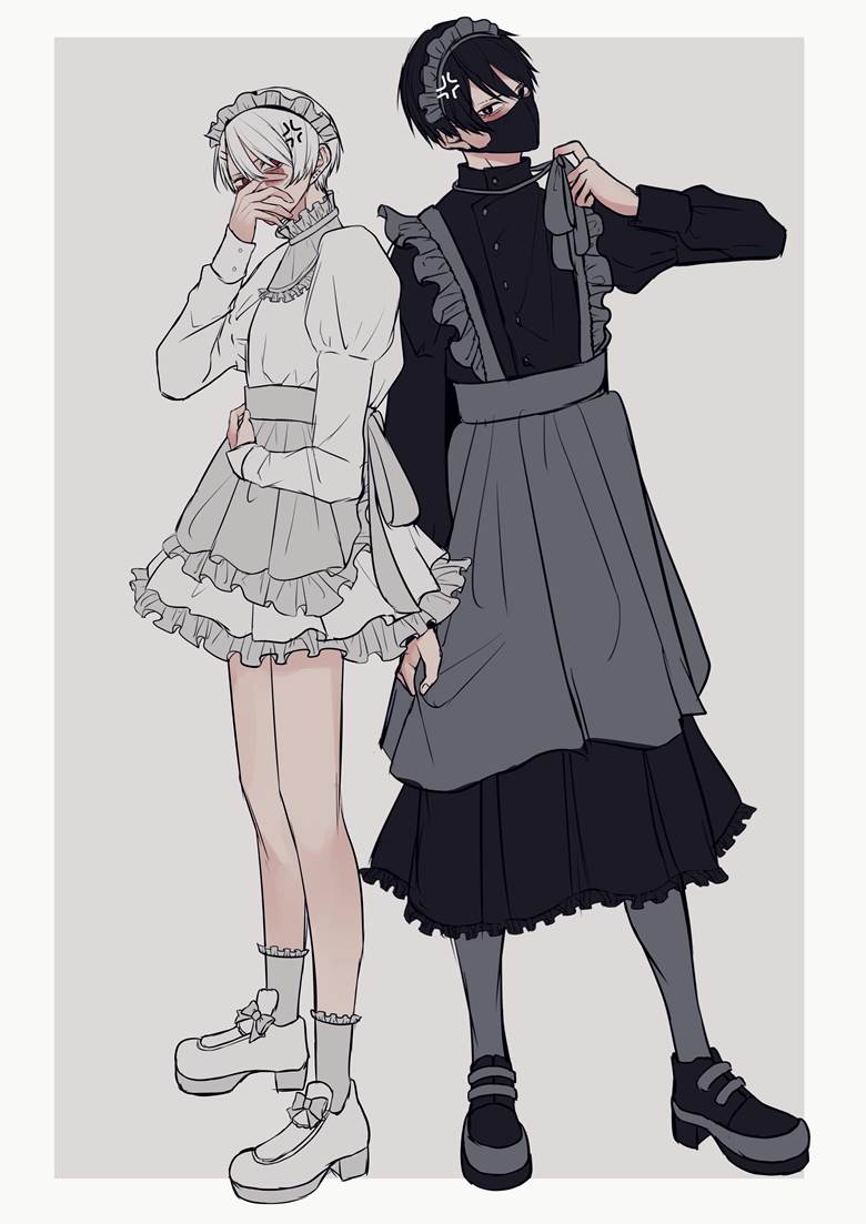 原创, 原创, 男孩子, 创作男子, 面具, 白发, 黑发, 女仆, 女仆装男子