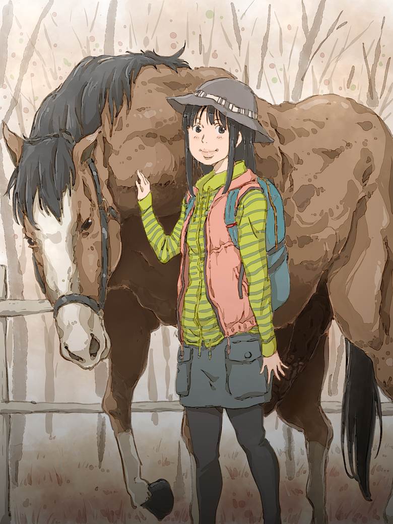 马を爱でる女の子|ものっち的俊俏的马插画图片