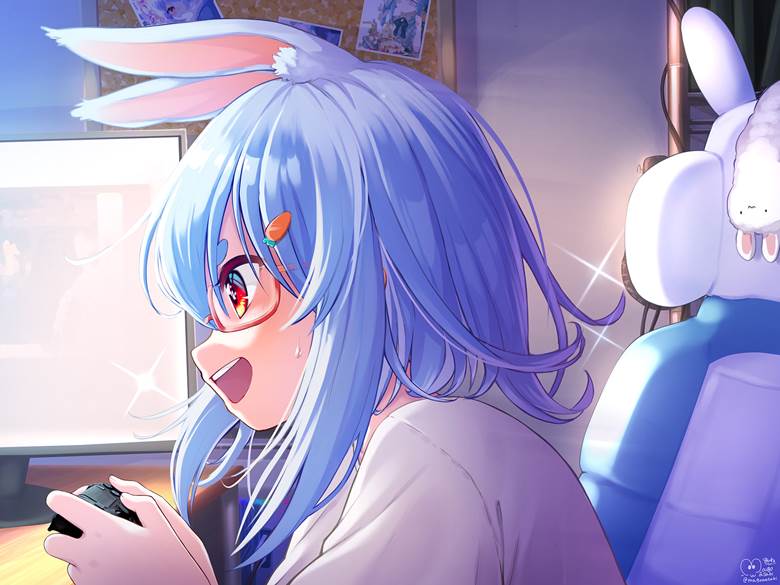 Hololive, virtual YouTuber, Usada Pekora, bunny ears, glasses, Pekora Usada fanart, shortening