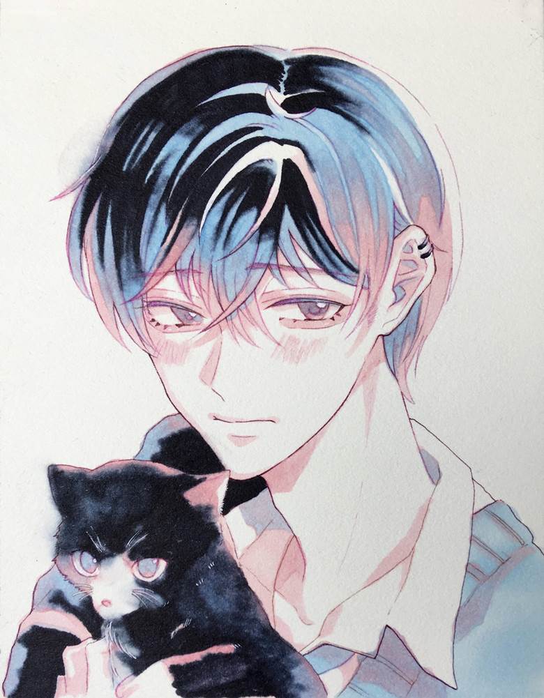 creation, traditional, male high school student, copic, original male character, boy, cat, boy with cat