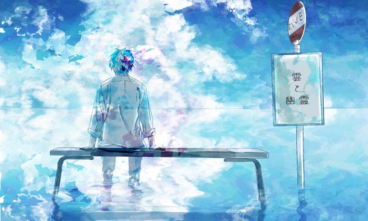 男孩子, 蓝, 长椅, bus stop, 夏日天空, 二次创作, Yorushika